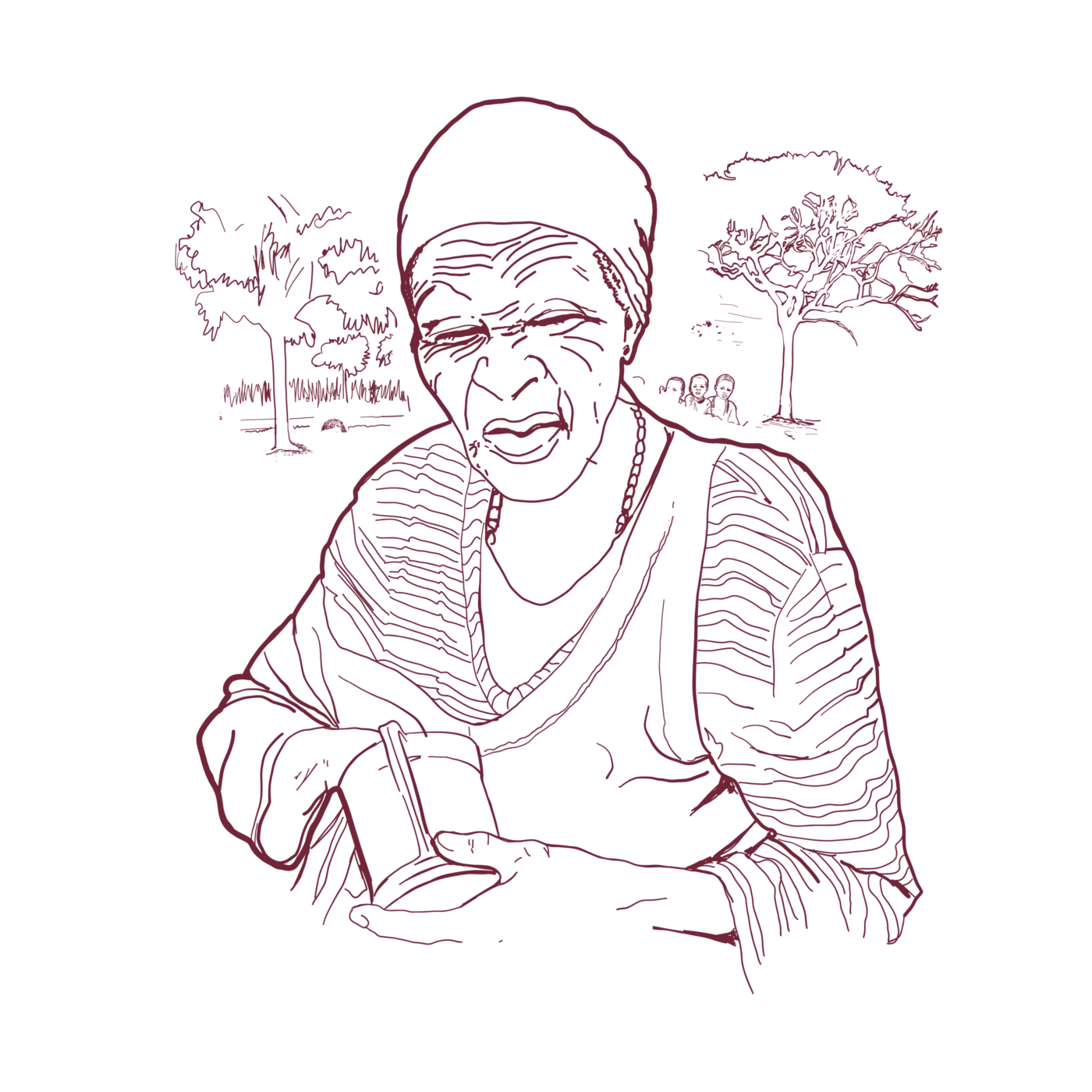 An illustration of an older lady with her eyes lightly closed. She is cleaning a mug and looking troubled.