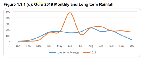 The graph shows monthly rainfall over a year. There are two lines. One shows the long-term average, with small speaks in April and August, and lower between October and March. Another line shows the rainfall for 2019, showing a large increase in rainfall in June.