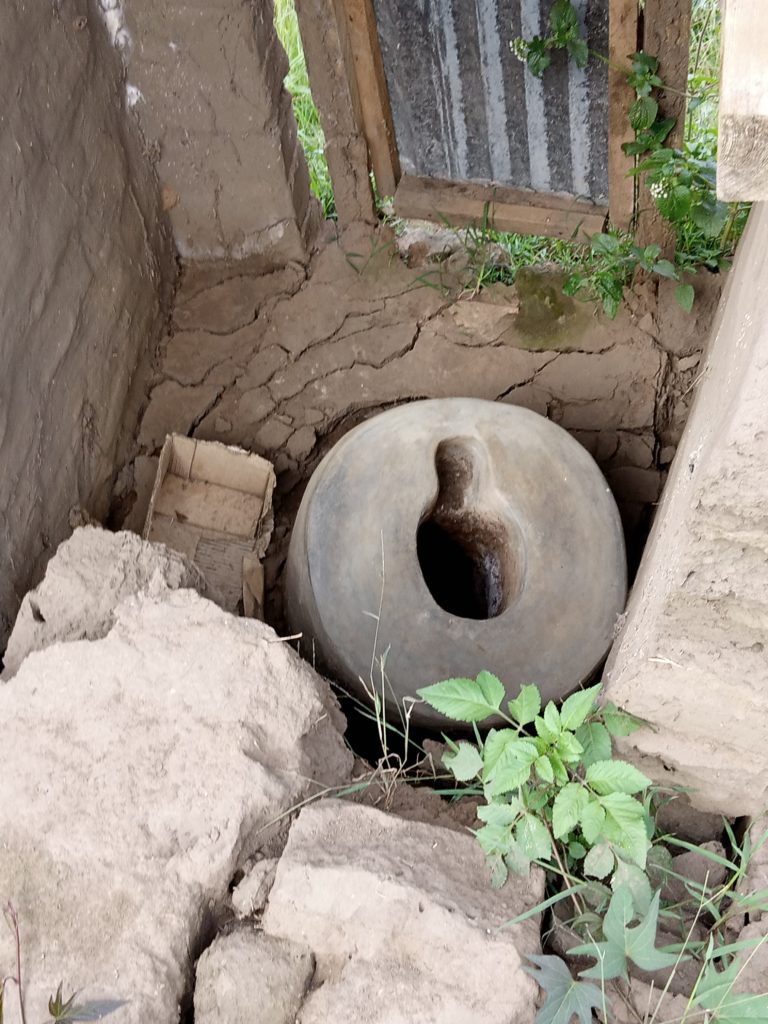 A toilet bowl has collapsed into the brick and soil.