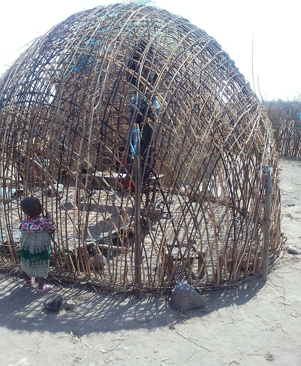 A woman stands inside a beautiful latice work dome structure made out of thin branches. This is the structure for her house which she is part way through building. A small child looks in at her working.